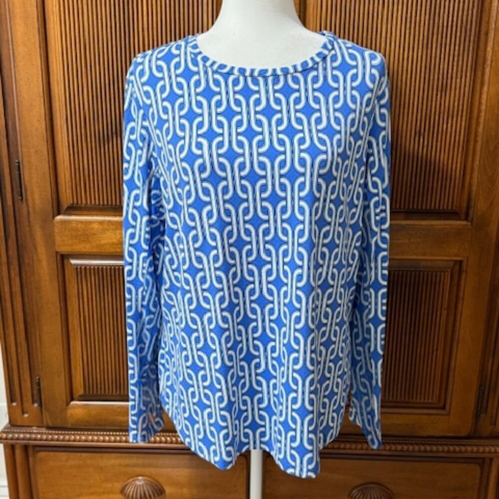 IBKUL Pullover Long Sleeve Top Blue & White Chain Link Pattern Size XL